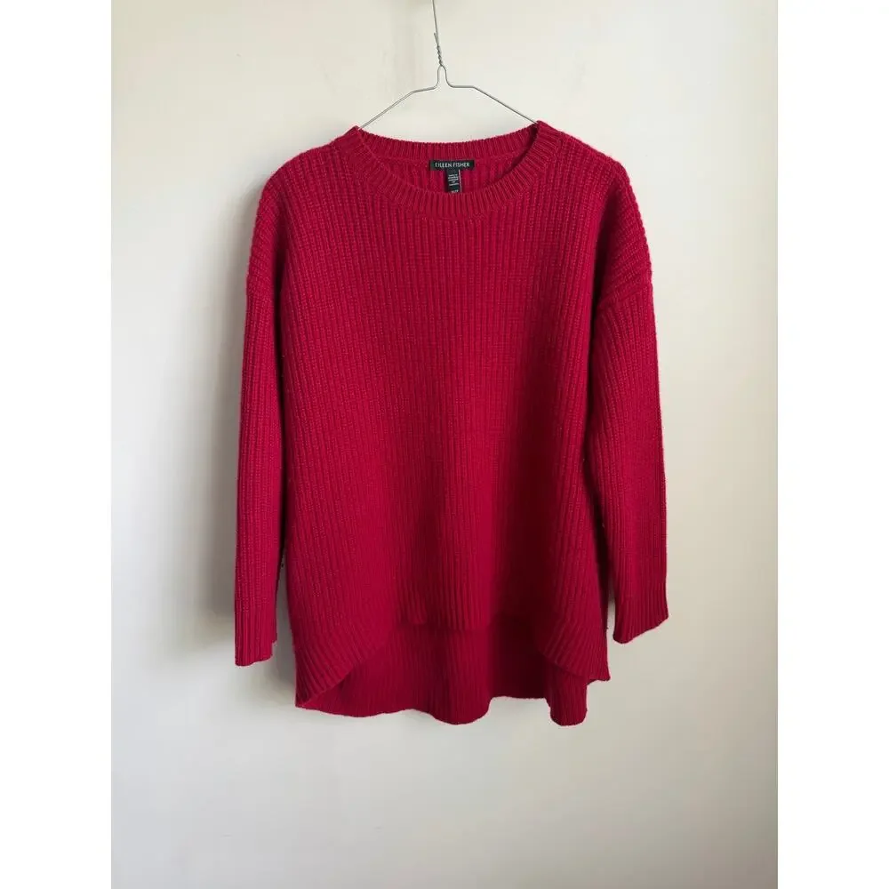 Eileen Fisher Cashmere/Wool Ribbed Textured Crew Neck Hi-Lo Sweater Red XS